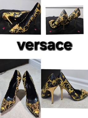 Versace Black & Gold Baroque Medusa Pointed Toe Stilettos